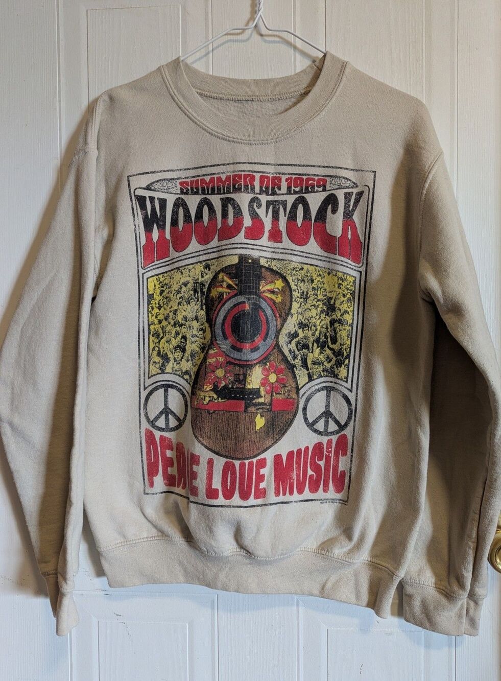 LIFE Woodstock Peace Love Music Graphic Pullover Sweatshirt Small Beige Fleece